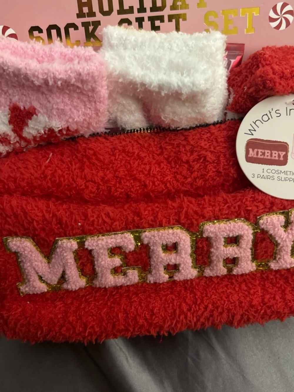 T.J.Maxx Fuzzy Holiday 'MERRY' Sock Set in Red, Pink & White